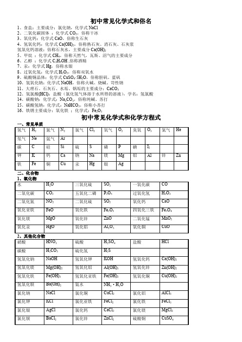 初中常用的化学式-、俗名和化学方程式