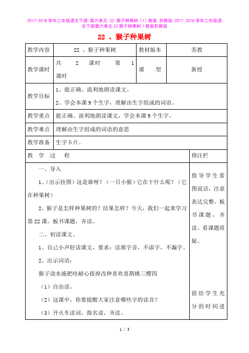 二年级语文下册第六单元22猴子种果树(1)教案_二年级语文下册第六单元22猴子种果树1教案