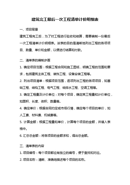 建筑完工最后一次工程清单计价明细表