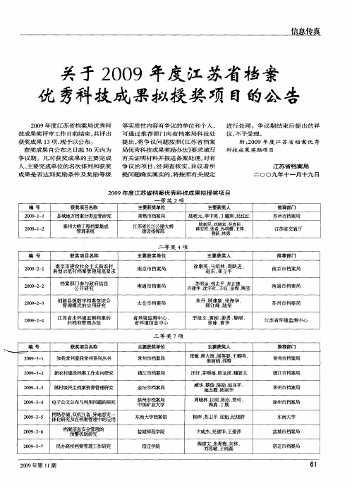 关于2009年度江苏省档案优秀科技成果拟授奖项目的公告