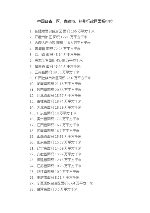 中国各省、区、直辖市、特别行政区面积排位