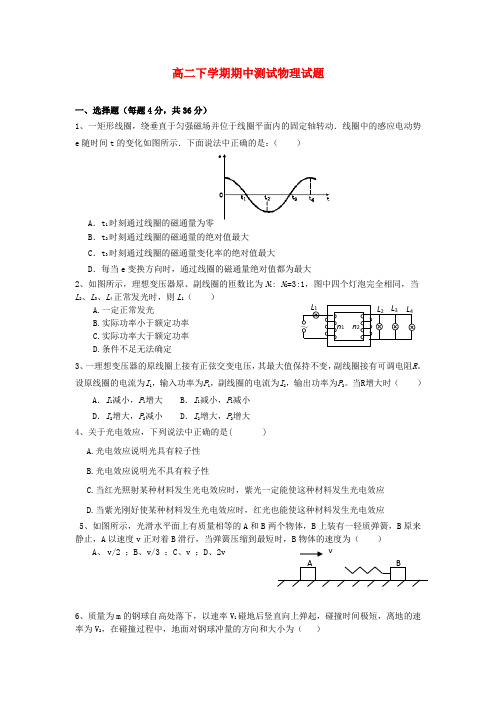 青海师大二附中高二物理期中测试试题(无答案)