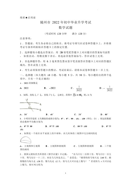 2022年湖北省随州市中考数学真题及答案  