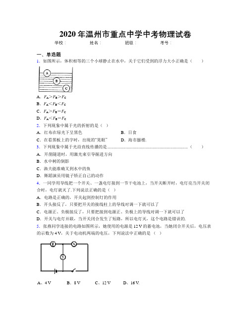 2020年温州市重点中学中考物理试卷