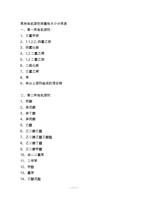 常用有机溶剂按毒性大小分类表