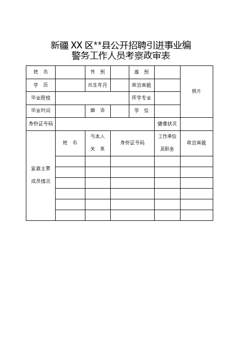 新疆XX区XX县公开招聘引进事业编警务工作人员考察政审表【模板】