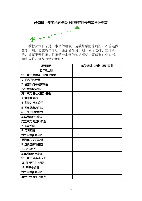 岭南版小学美术五年级上册课程目录与教学计划表