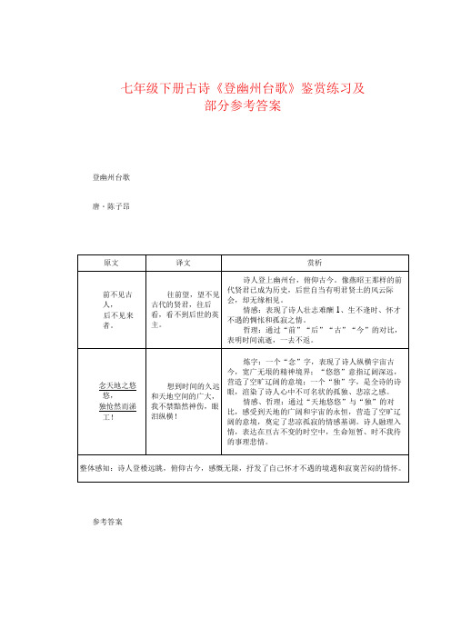 七年级下册古诗《登幽州台歌》鉴赏练习及部分参考答案