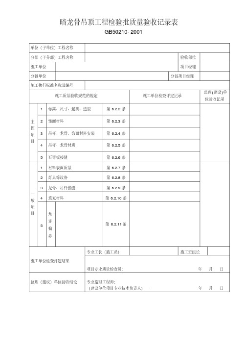 暗龙骨吊顶工程检验批质量验收记录表