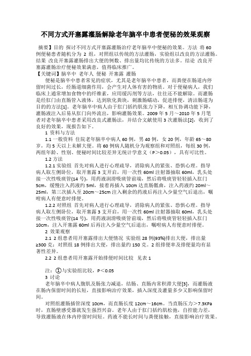 不同方式开塞露灌肠解除老年脑卒中患者便秘的效果观察