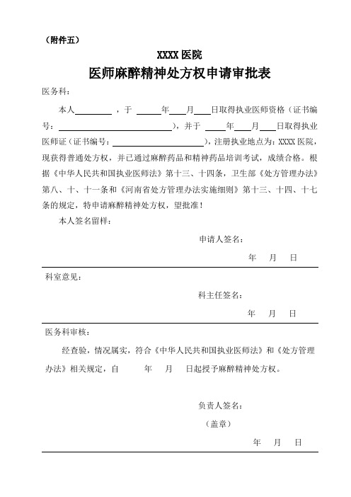 XXXX医院医师麻醉精神处方权申请审批表