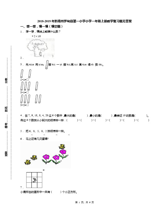 2018-2019年黔南州罗甸县第一小学小学一年级上册数学复习题无答案