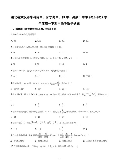 湖北省武汉市华科附中、育才高中、19中、吴家山中学2018-2019学年高一下期中联考数学试题(原卷版)