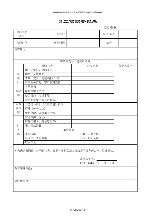 员工离职登记表(最新)