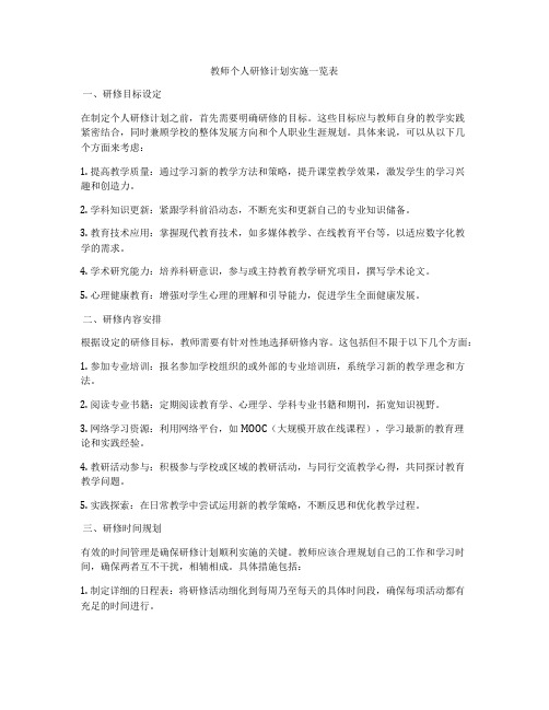 教师个人研修计划实施一览表