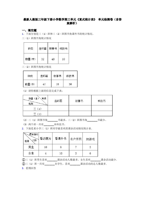 最新人教版三年级下册小学数学第三单元《复式统计表》 单元检测卷(含答案解析)