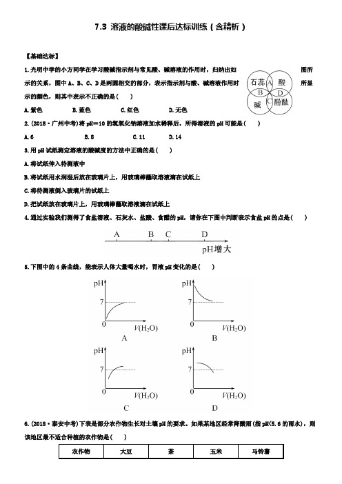 鲁教版九年级化学下册精练7.3溶液的酸碱性