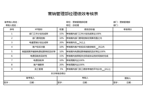 营销管理部经理绩效考核表