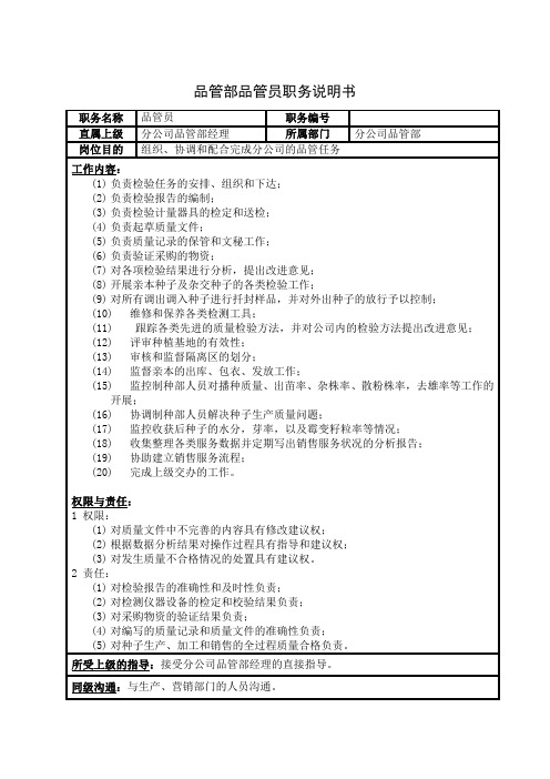 品管部品管员职务说明书