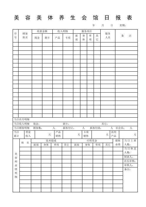 美容美体养生会馆日报表