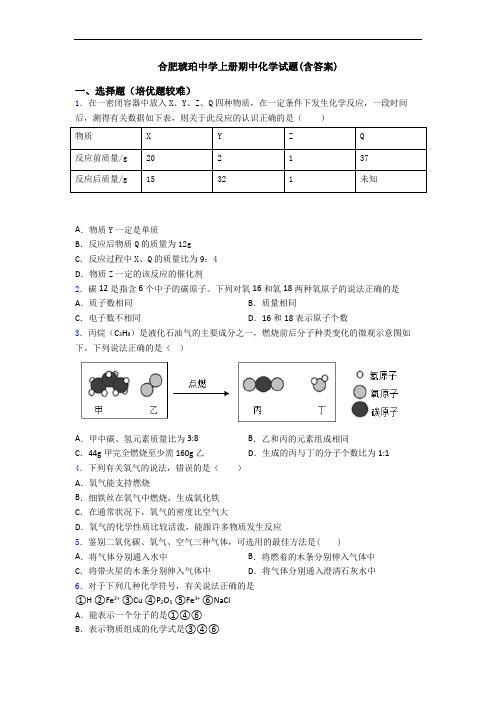 合肥琥珀中学上册期中化学试题(含答案)