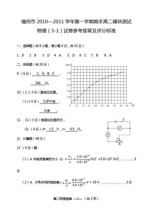 福州市2010—2011学年第一学期期末高二模块测试