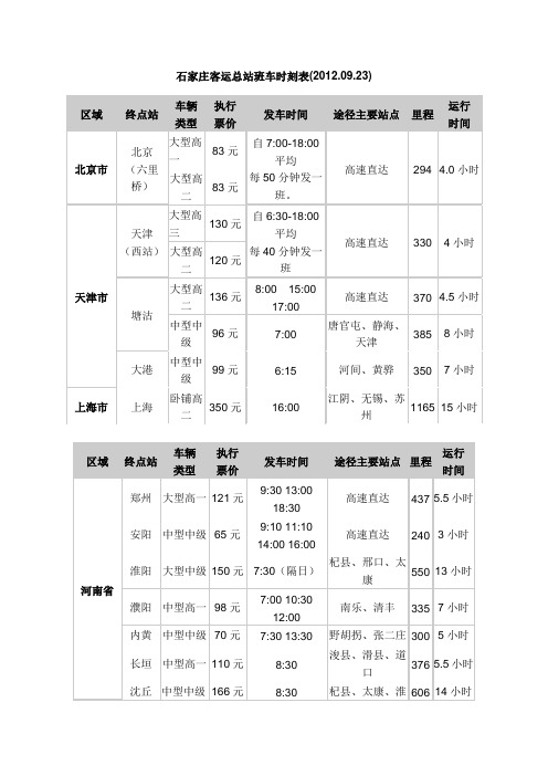 石家庄客运总站班车时刻表