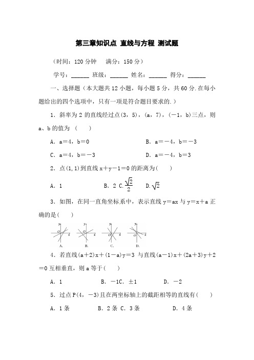 人教版数学A版必修2第三章 直线与方程 测试题