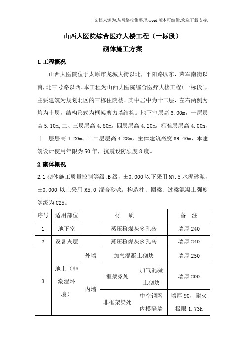 医院综合医疗大楼工程砌体施工方案