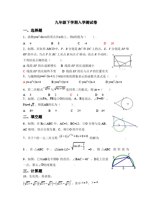 北师大版 九年级 下学期 入学测试卷(带答案)