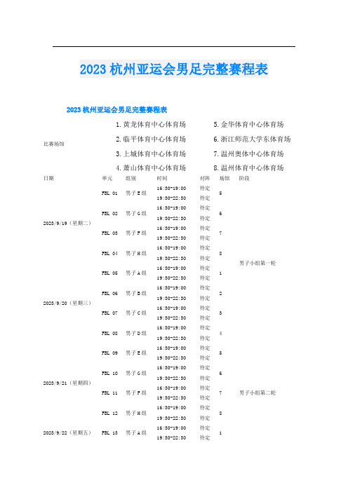 2023杭州亚运会男足完整赛程表