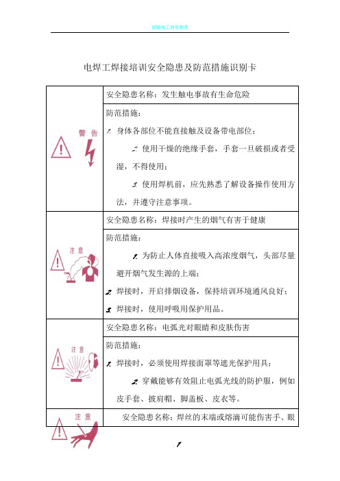 电焊工岗位作业风险识别卡