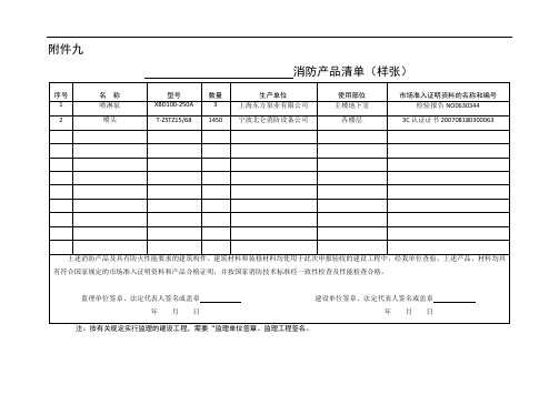 消防产品清单样表