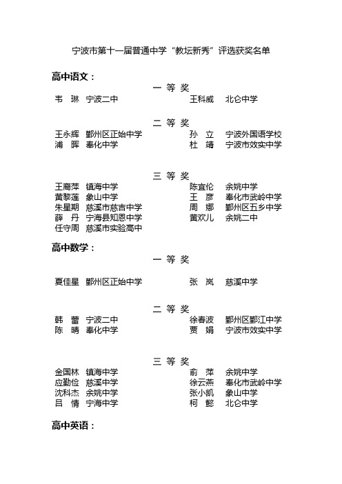 宁波市第十届普通中学“教坛新秀”评选结果公示