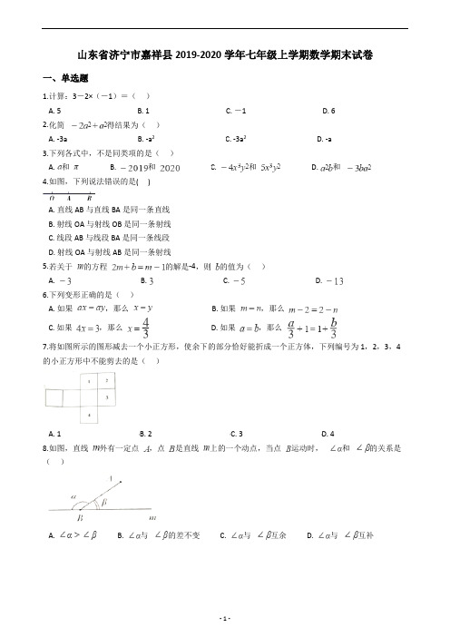 山东省济宁市嘉祥县2019-2020学年七年级上学期数学期末试卷(含答案解析)