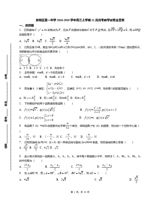 崇明区第一中学2018-2019学年高三上学期11月月考数学试卷含答案