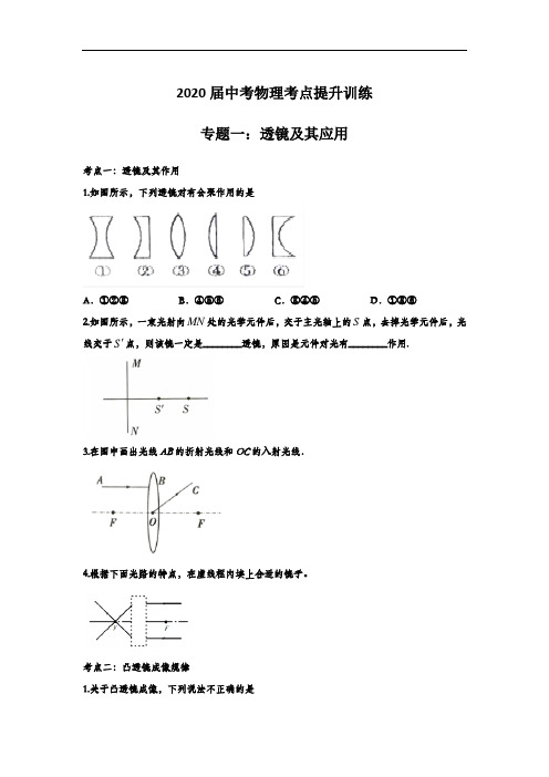 2020届中考物理考点提升训练专题一：透镜及其应用(含答案)