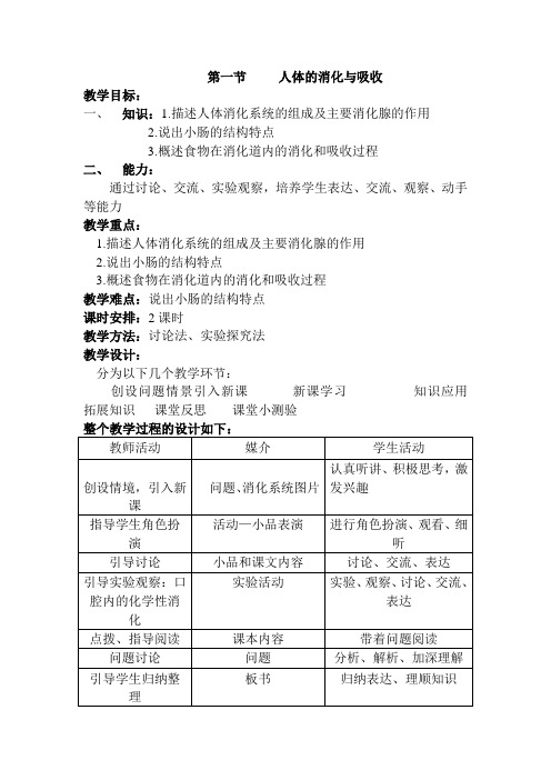 人体的消化与吸收和试卷(苏教版教案七下)