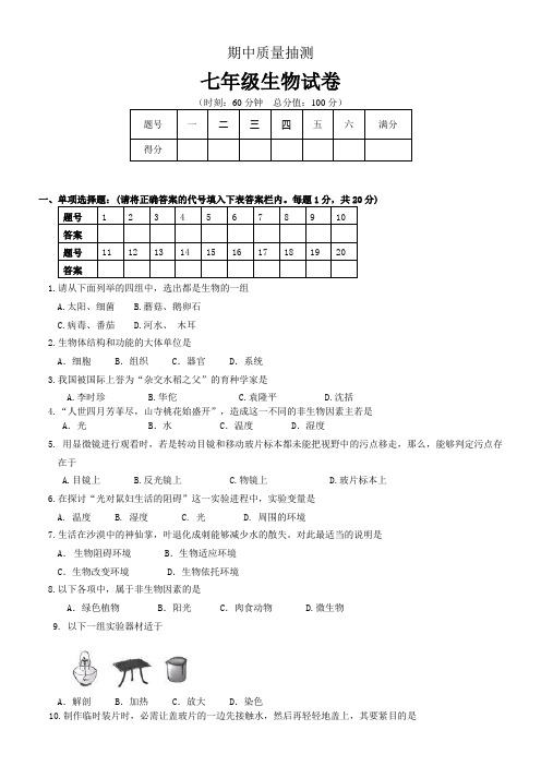 七年级生物上册期中试题及答案