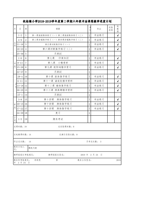 2018-2019第二学期书法课教学进度计划(6年级)