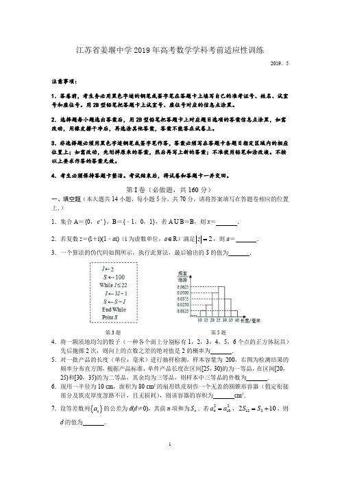 江苏省姜堰中学2019年高考数学学科考前适应性训练