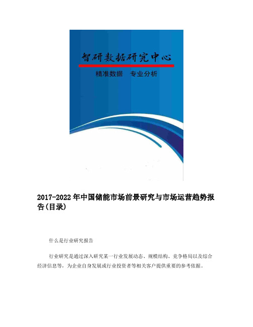 2017-2022年中国储能市场前景研究与市场运营趋势报告(目录)