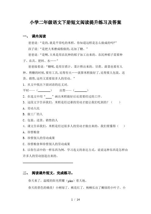 小学二年级语文下册短文阅读提升练习及答案