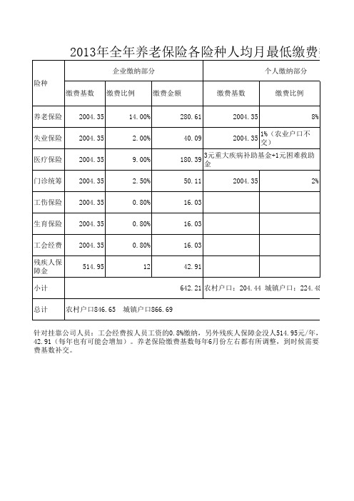 2013年全年养老保险各险种人均月最低缴费数