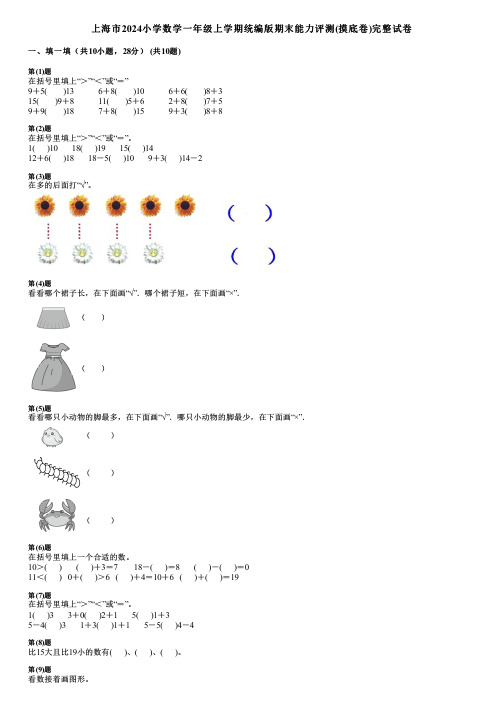 上海市2024小学数学一年级上学期统编版期末能力评测(摸底卷)完整试卷