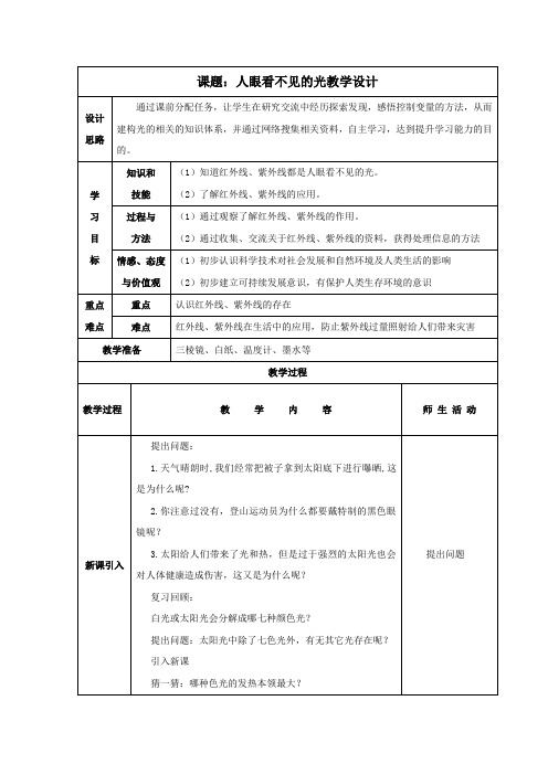 苏科版八年级物理 人眼看不见的光教学设计