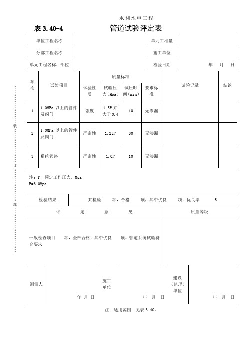 表3.40-4管道试验评定表