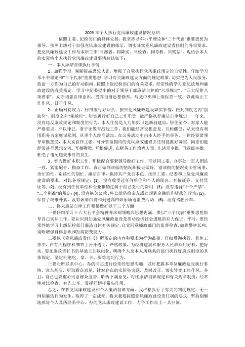 2009年个人执行党风廉政建设情况总结