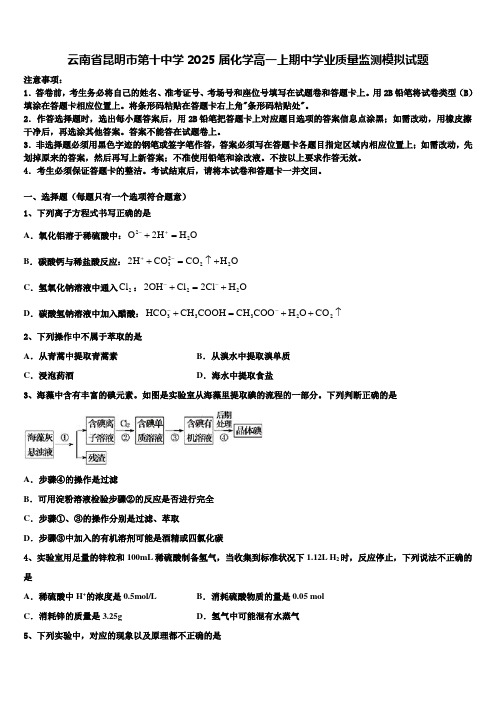 云南省昆明市第十中学2025届化学高一上期中学业质量监测模拟试题含解析