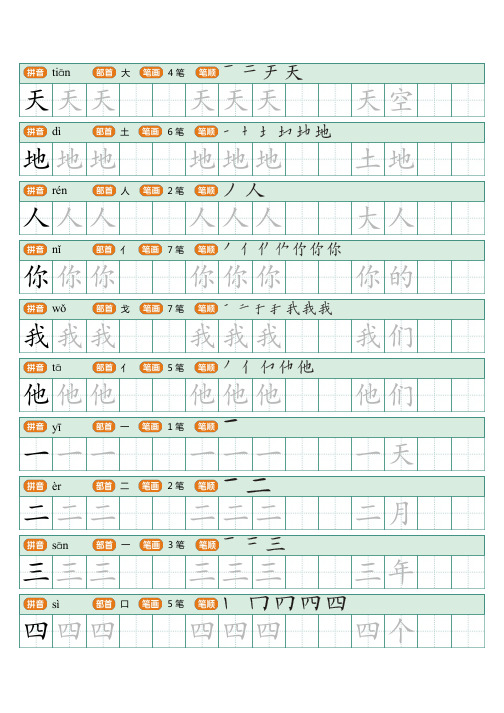 部编版语文一年级上册识字表描红字帖(31页,田字格,带拼音部首笔画笔顺组词)